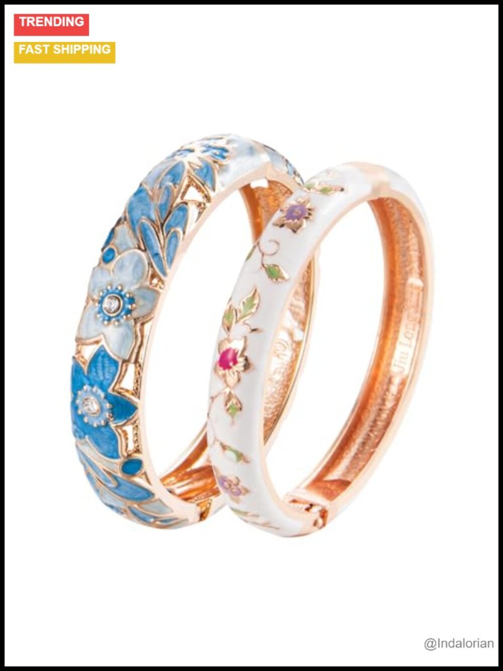 Vintage Cloisonne Enameled Rhinestone Rose Hinged Cuff Bracelet Set of 2 -